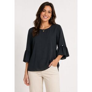 Elle Women Flared Tulip Bell Sleeves Sz L Sheer Lightweight Flowy Blouse 1175T3